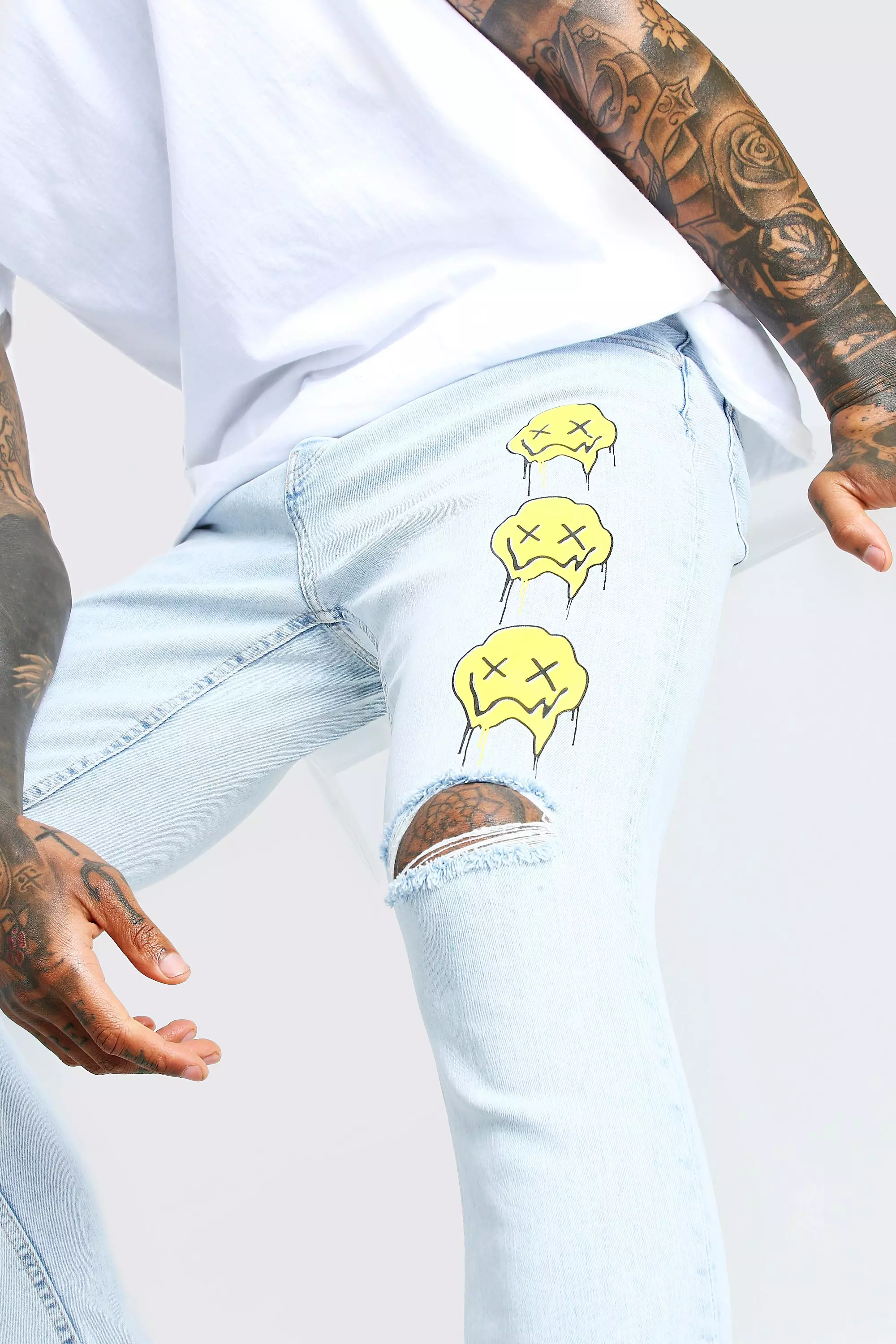 Skinny Stretch Jean With Drip Graphic Print | boohooMAN UK